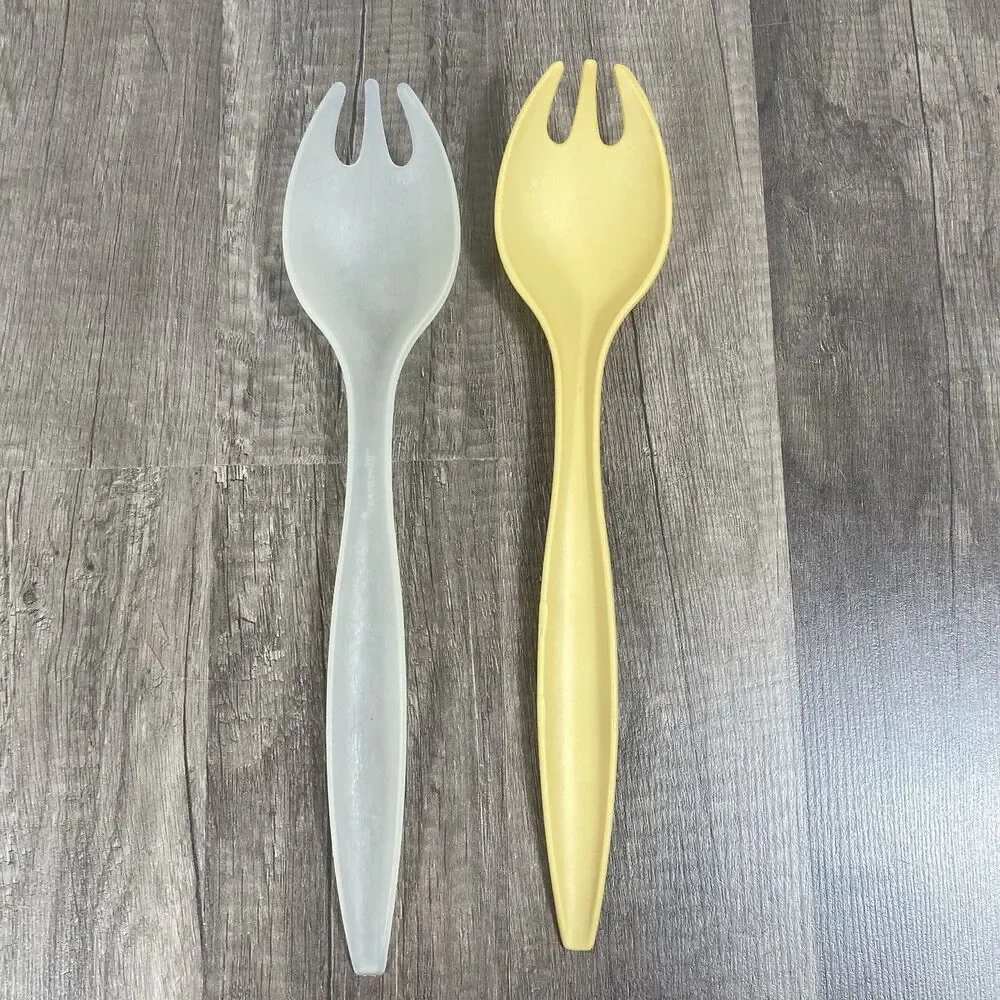 Vintage TUPPERWARE Spoons Fork Salad Serving Sporks Frosted Clear And Yellow